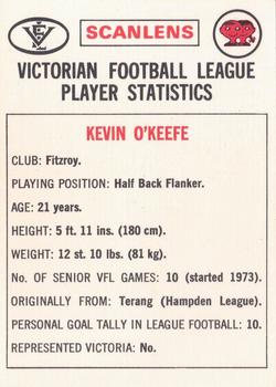 1974 Scanlens VFL #64 Kevin O'Keeffe Back